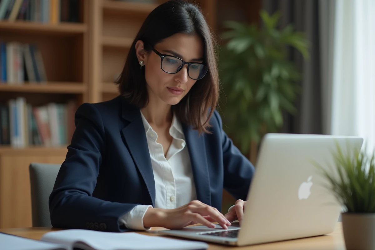 Femme consultant une politique de confidentialité sur un ordinateur portable dans un bureau à domicile moderne