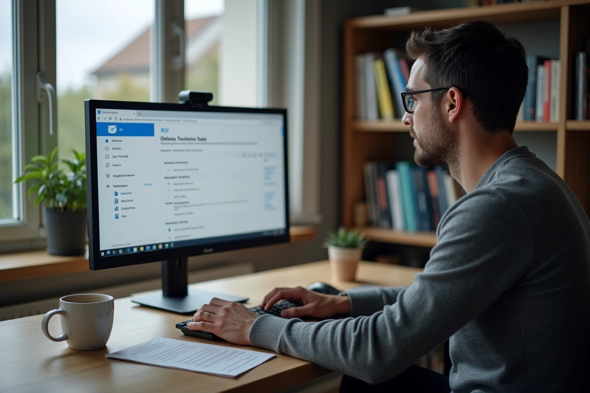 Homme configurant un compte de messagerie Zimbra sur Outlook depuis son bureau à domicile avec guide imprimé