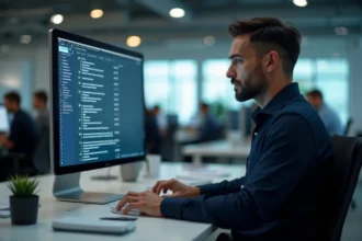 Technicien configurant les réglages de sécurité des emails sur un serveur de messagerie dans un bureau professionnel