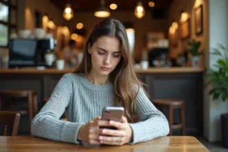 Jeune femme configurant sa messagerie webmail sur smartphone dans un café de Montpellier