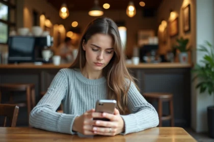 Jeune femme configurant sa messagerie webmail sur smartphone dans un café de Montpellier