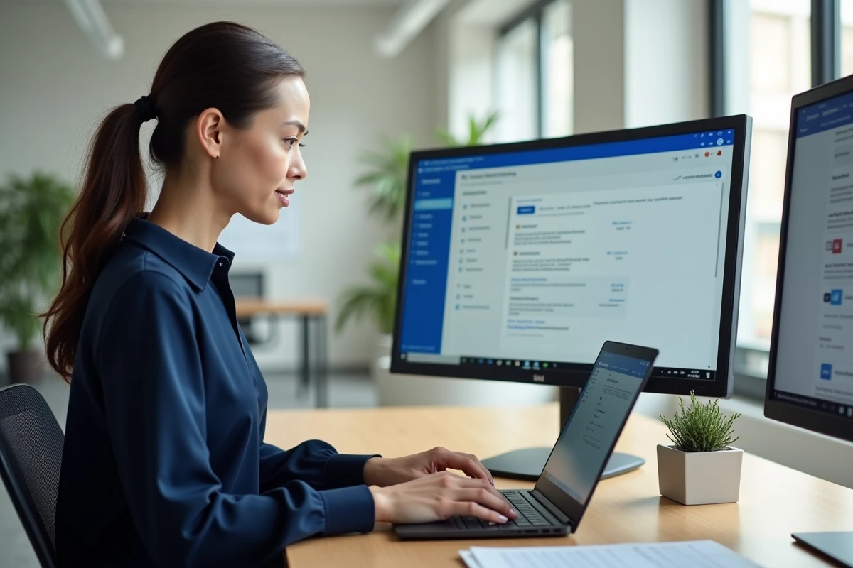 Femme configurant la messagerie Zimbra de Cherbourg sur Microsoft Outlook dans un bureau moderne