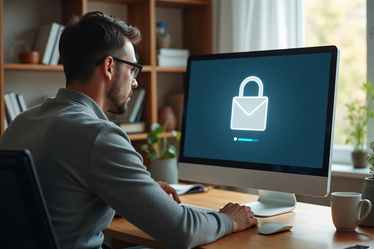 Homme utilisant un ordinateur de bureau pour se connecter au webmail EDF depuis son domicile