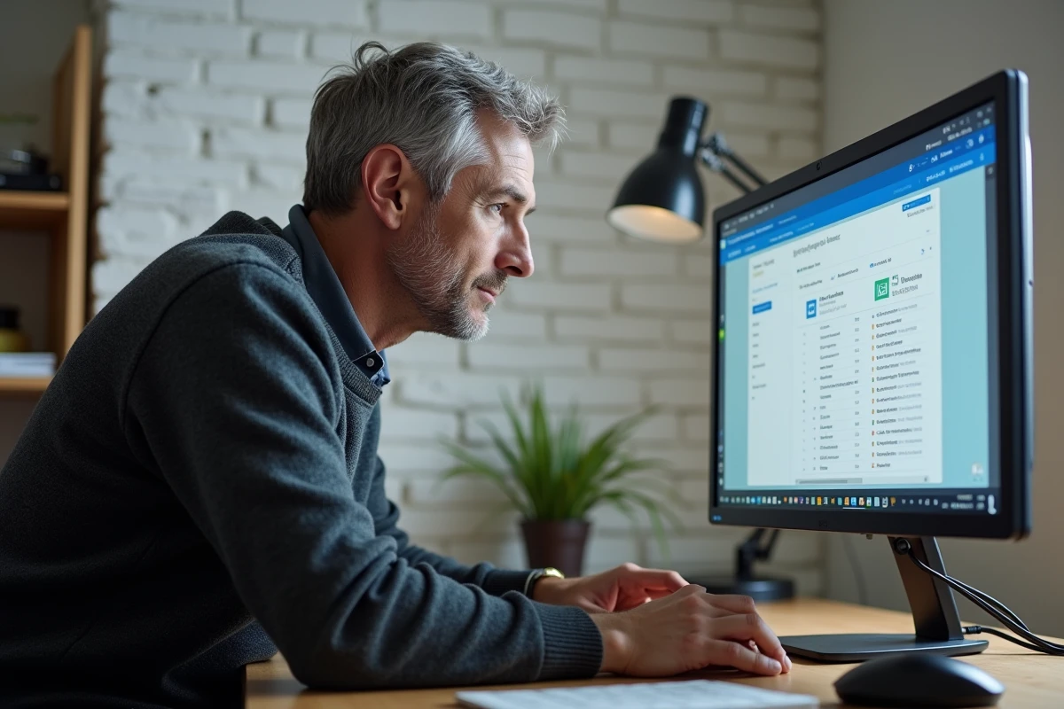 Homme consultant sa boîte de réception email sur un grand écran dans un bureau à domicile moderne