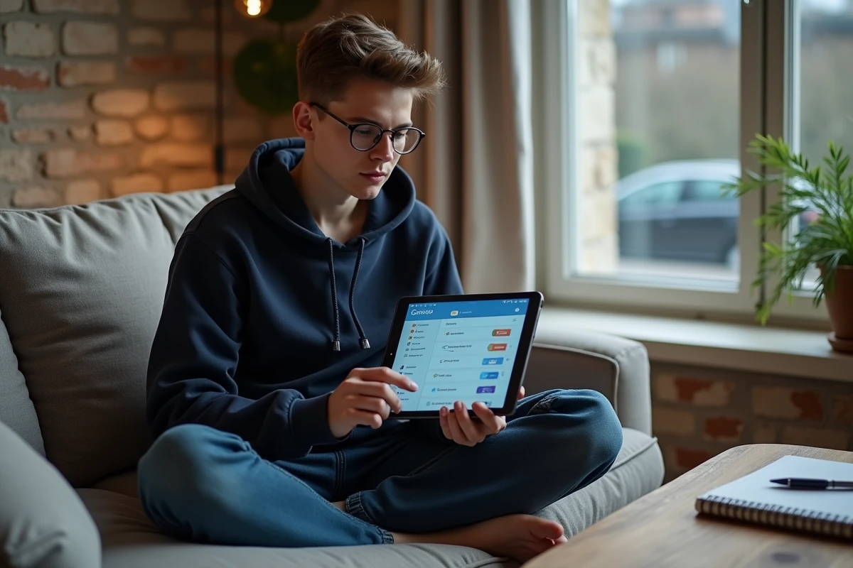 Jeune personne consultant sa boîte webmail sur tablette dans un salon breton cosy