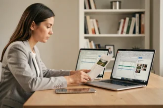Femme convertissant un document Pages en Word sur deux ordinateurs côte à côte avec tableaux et images visibles