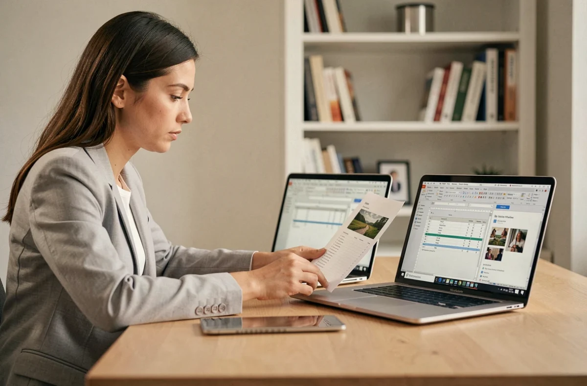 Femme convertissant un document Pages en Word sur deux ordinateurs côte à côte avec tableaux et images visibles