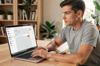 Jeune homme utilisant un convertisseur YouTube en MP4 sur son ordinateur portable dans un bureau à domicile
