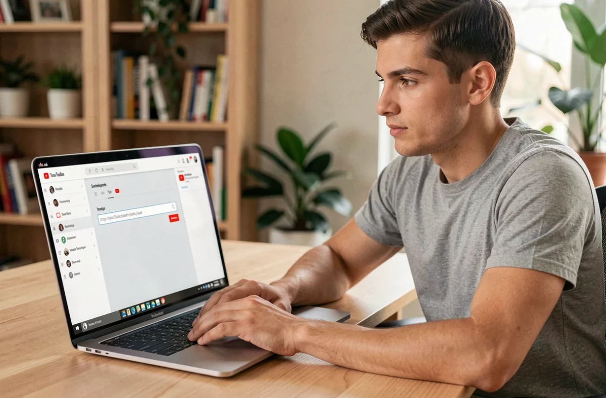 Jeune homme utilisant un convertisseur YouTube en MP4 sur son ordinateur portable dans un bureau à domicile