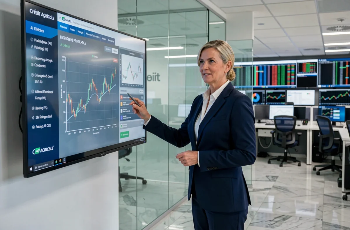 Analyste de Crédit Agricole Artificial Intelligence présentant des modèles d'IA appliqués à la finance dans un environnement bancaire corporate