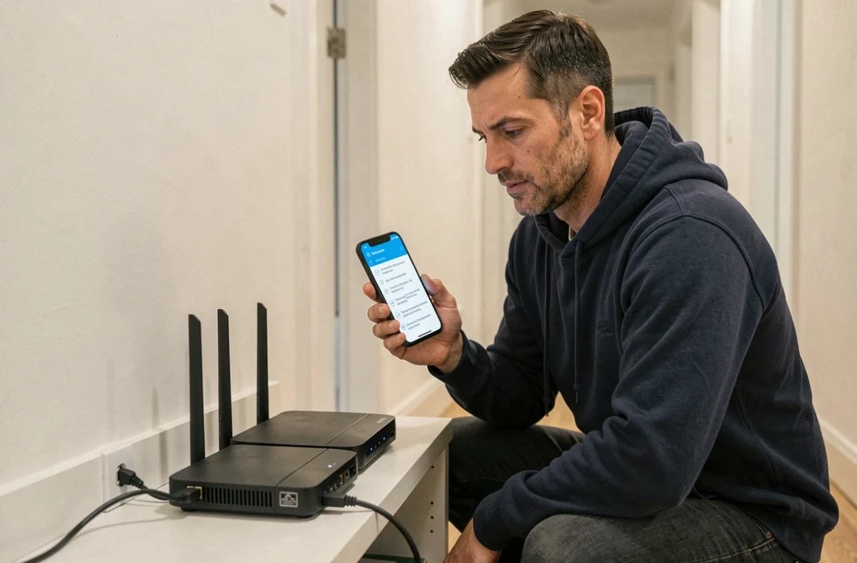 Homme vérifiant la connexion d'un routeur domestique en tenant un smartphone affichant un guide de dépannage cloud