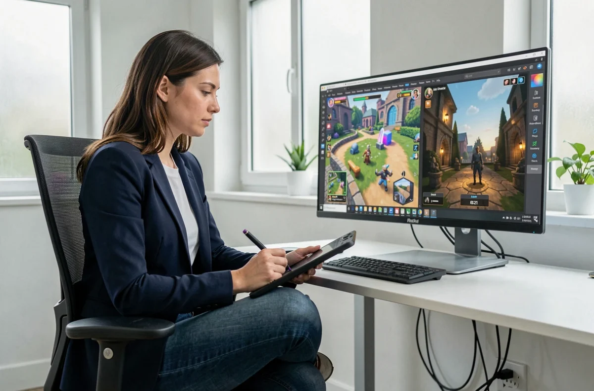 Designer de jeux vidéo analysant un prototype de jeu 2D et 3D sur un grand écran dans un bureau moderne et minimaliste