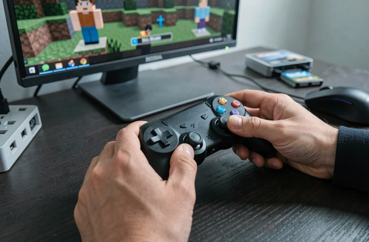 Gros plan sur une manette console et une souris PC côte à côte devant un écran Minecraft, symbolisant le crossplay multijoueur