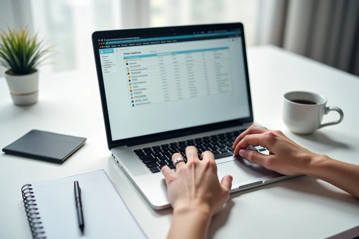 Gros plan sur des mains tapant sur un clavier pour gérer des contacts dans une interface webmail sur laptop