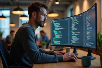 Développeur JavaScript concentré analysant un contexte d'exécution de formulaire HTML sur un écran ultrawide dans un bureau moderne