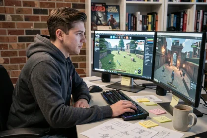 Développeur de jeux vidéo comparant une interface 2D et un environnement 3D sur deux écrans dans un studio à domicile