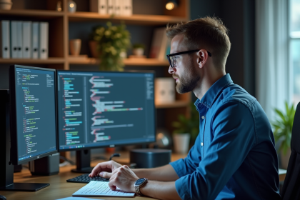 Homme concentré analysant du code sur double écran en bureau moderne