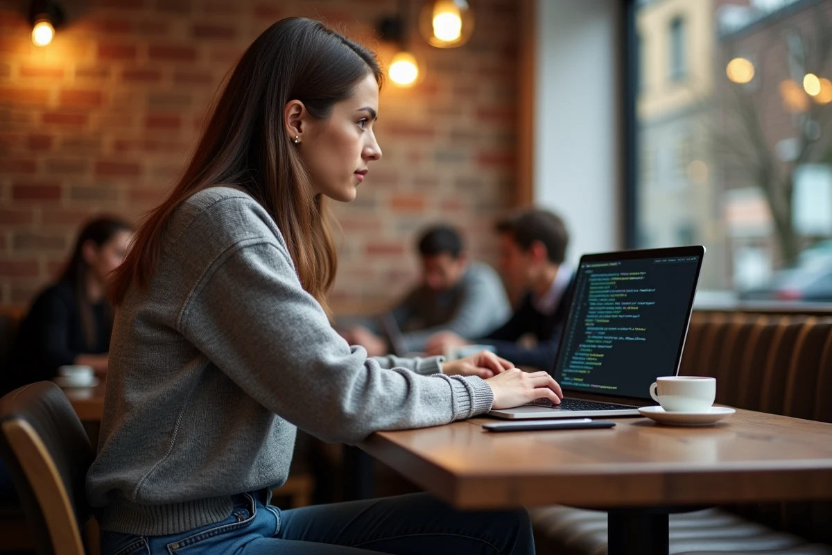 Jeune femme développeuse travaillant sur Silverlight au café