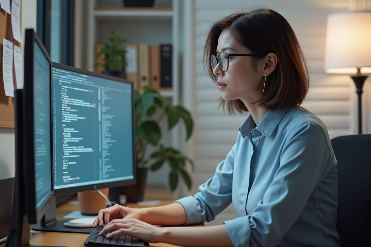 Femme ingénieure en informatique automatisant des scripts de test