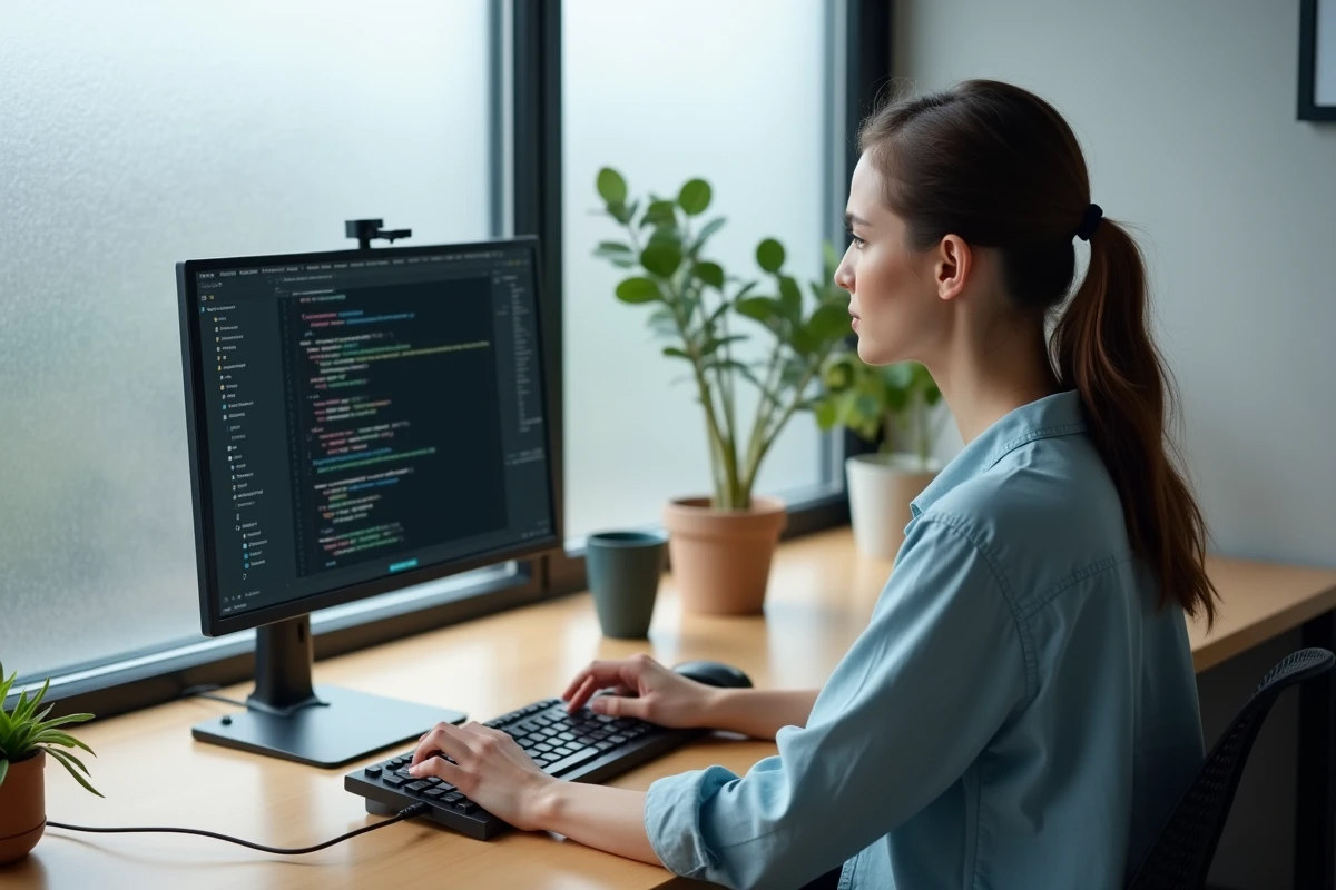 Développeuse web travaillant depuis son bureau à domicile sur le contexte this dans un formulaire HTML en JavaScript