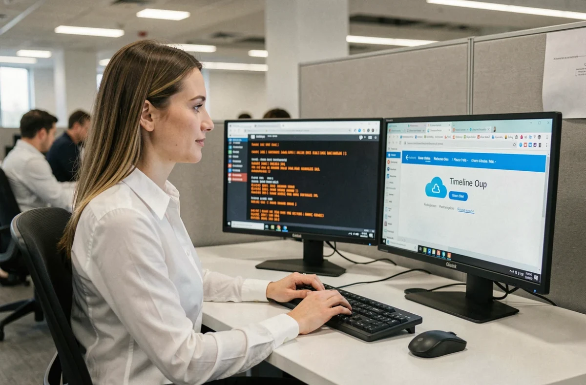 Femme analysant une panne de connexion cloud sur un poste de travail en open-space avec terminal de diagnostic réseau