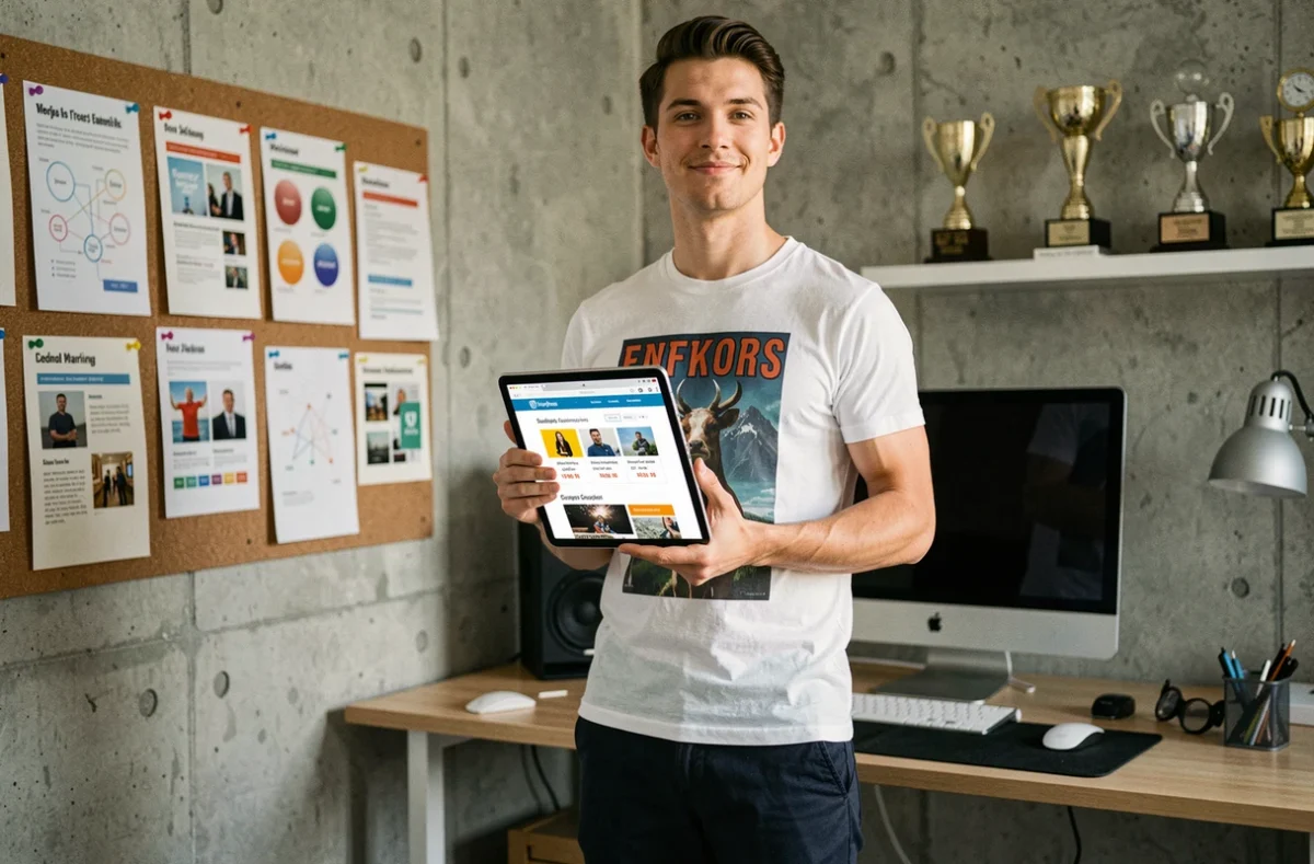 Designer de Digimade présentant une maquette de site e-commerce WordPress sur tablette dans un studio créatif