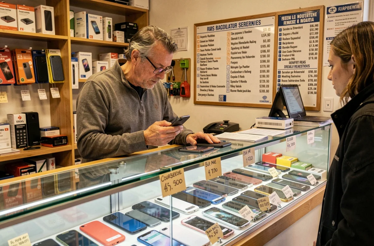 Gérant de Docteur Phone Courbevoie évaluant un smartphone d'occasion au comptoir de rachat et réparation
