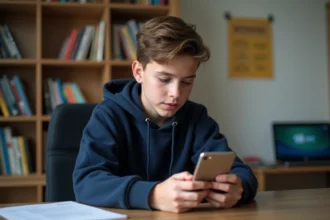 Élève de collège consultant l'application ENT77 sur smartphone pour consulter ses devoirs et notes scolaires