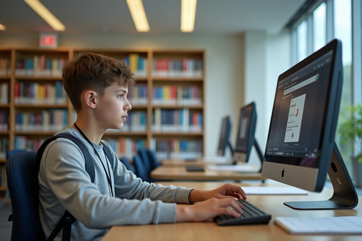 Élève de collège accédant à l'ENT 41 sur un ordinateur de la bibliothèque scolaire