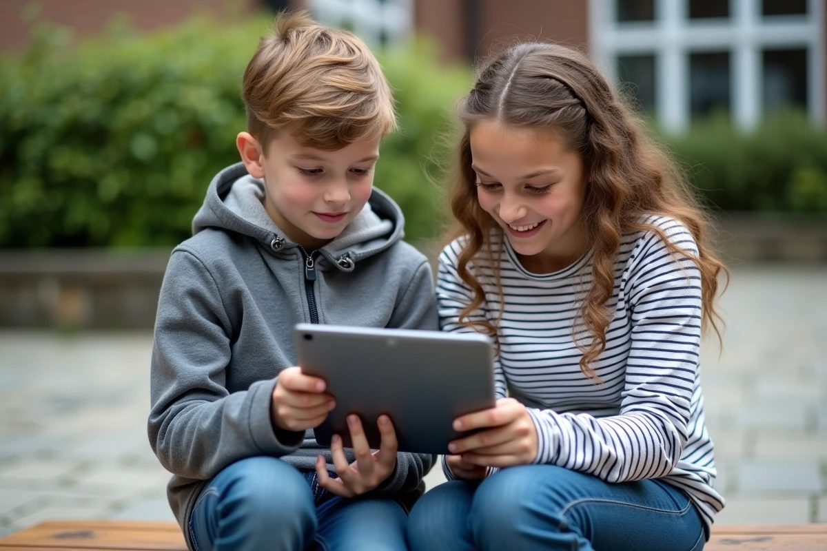 Deux élèves consultant ensemble l'agenda des devoirs sur tablette via l'application ENT77 dans la cour de l'école