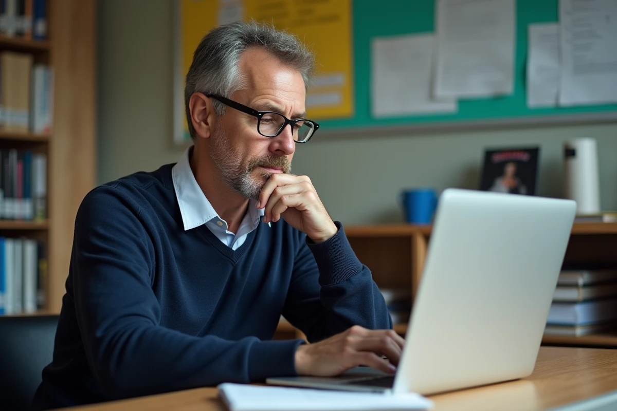 Professeur d'âge moyen travaillant sur un ordinateur dans un bureau moderne