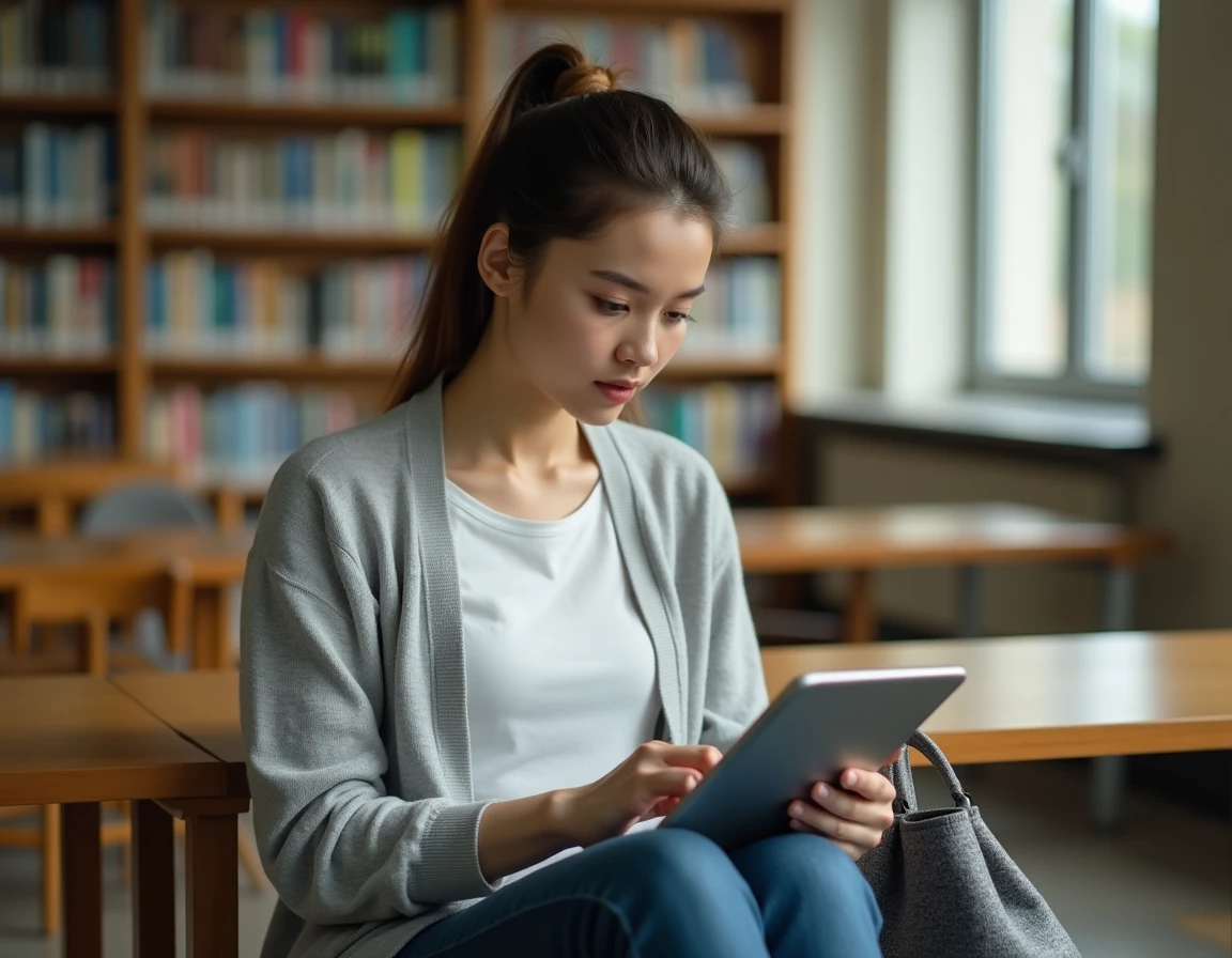 Jeune enseignante consultant sa messagerie webmail sur une tablette dans la bibliothèque d'un établissement scolaire