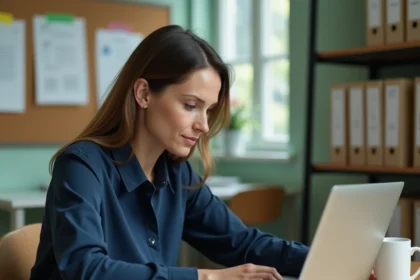 Enseignante connectée à son webmail sur un ordinateur portable dans une salle des professeurs d'un établissement scolaire français