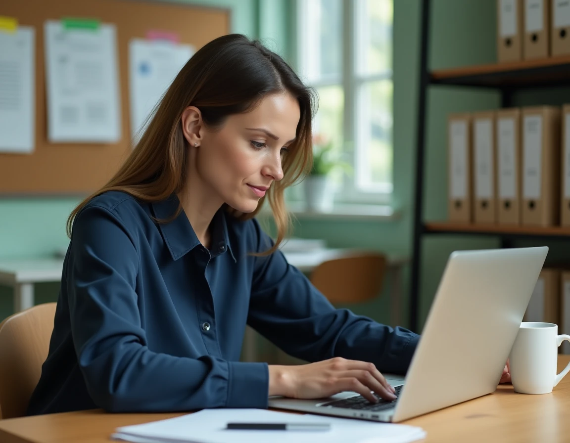 Enseignante connectée à son webmail sur un ordinateur portable dans une salle des professeurs d'un établissement scolaire français