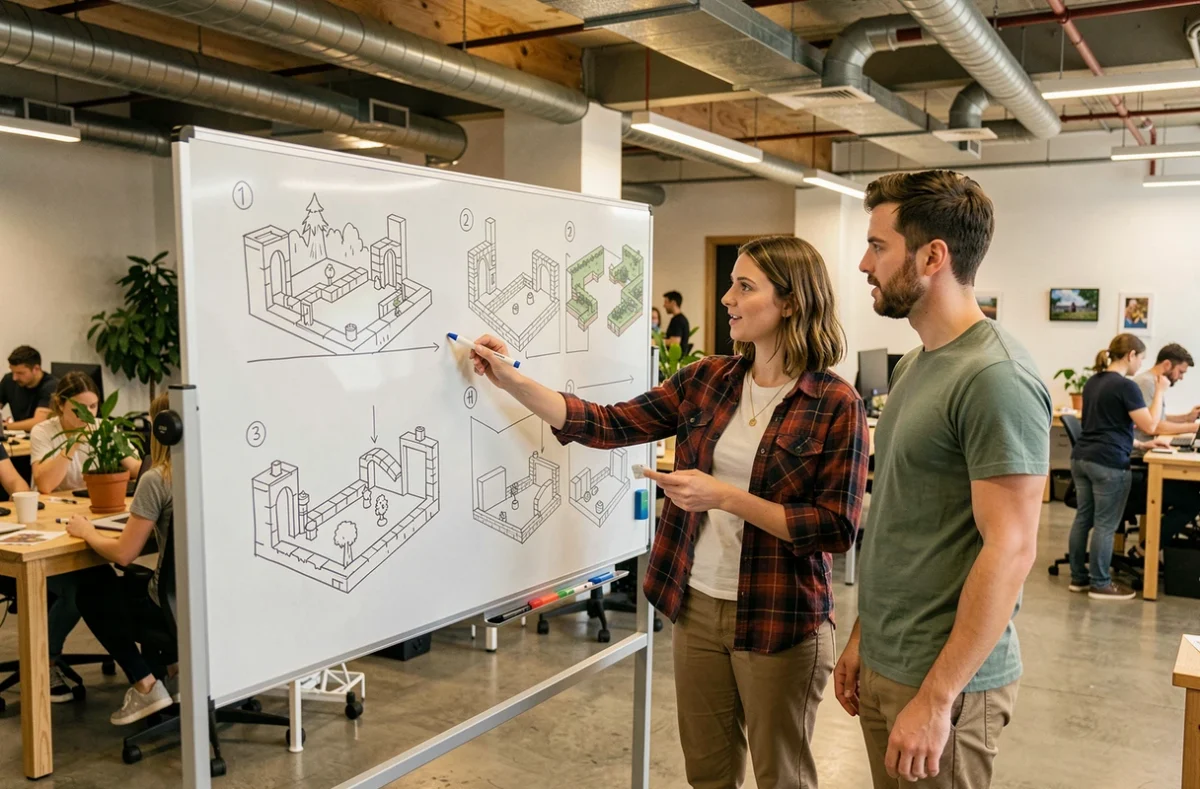 Équipe de développeurs de jeux indépendants discutant de la conception 2D et 3D sur un tableau blanc dans un espace de coworking