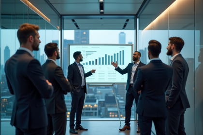 Groupe de professionnels en marketing autour d'un tableau digital