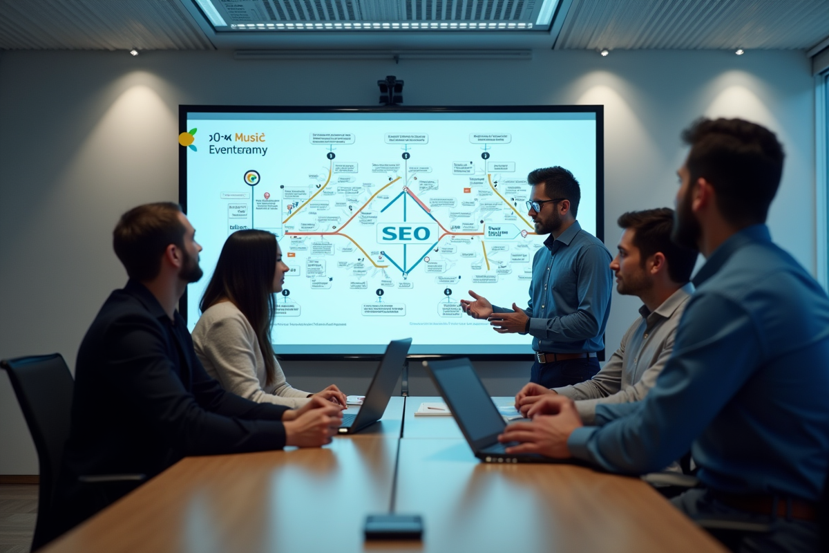 Equipe diverse discutant autour d un tableau SEO interactif