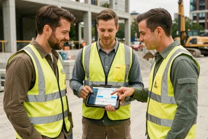 Équipe terrain utilisant un outil de gestion numérique sur tablette lors d'une réunion sur site de construction