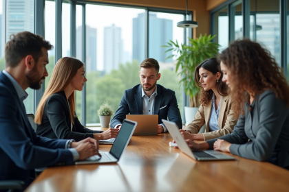 Groupe de professionnels en réunion avec laptops pour automatisation