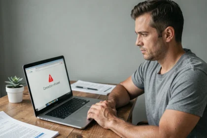 Homme diagnostiquant une erreur de connexion sur un service cloud depuis son bureau à domicile