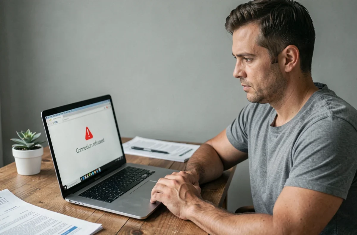 Homme diagnostiquant une erreur de connexion sur un service cloud depuis son bureau à domicile