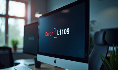 Ecran d'ordinateur affichant erreur code L1109 dans un bureau moderne
