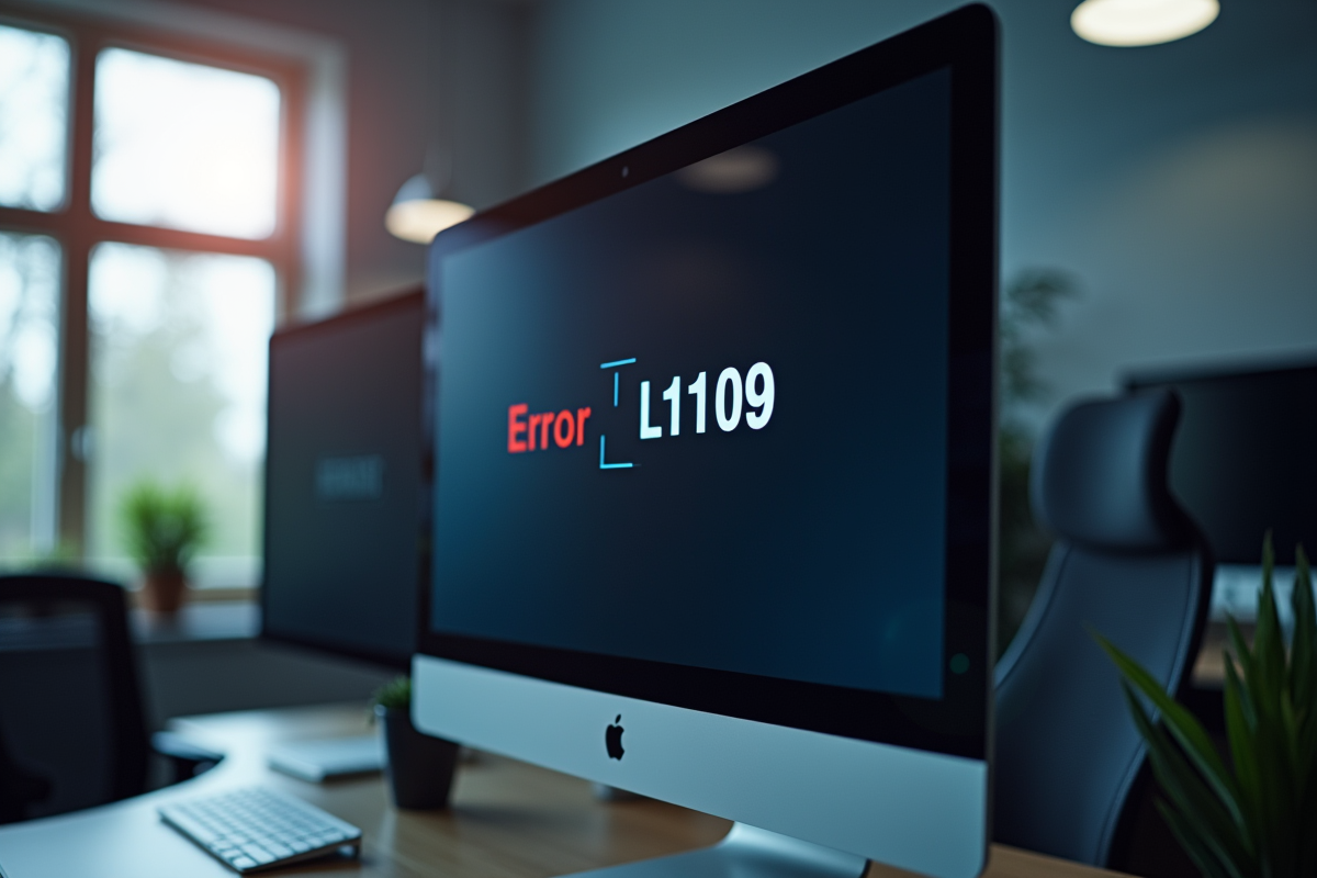 Ecran d'ordinateur affichant erreur code L1109 dans un bureau moderne