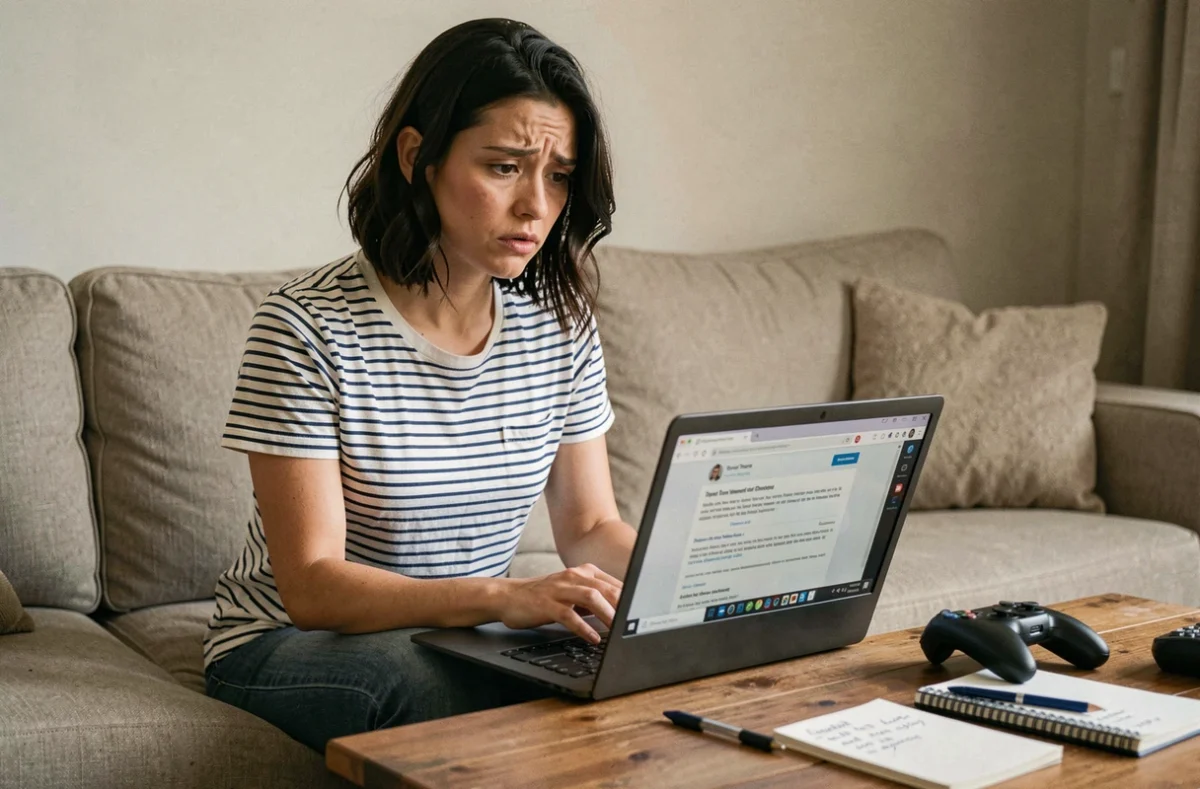 Femme lisant attentivement les conditions d'utilisation d'un site alternatif de vente de jeux vidéo sur son ordinateur portable