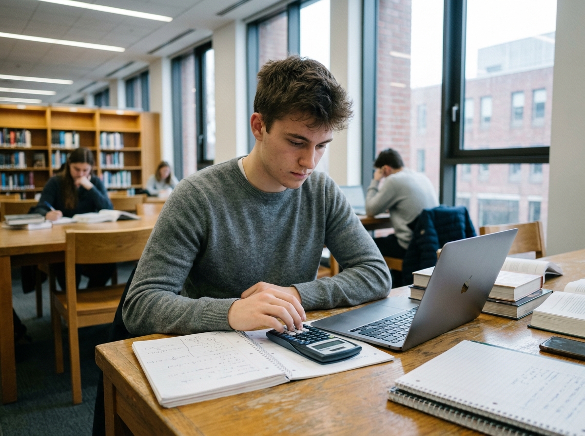 Étudiant en école d'ingénieurs travaillant avec une calculatrice scientifique Texas Instruments dans une bibliothèque universitaire moderne