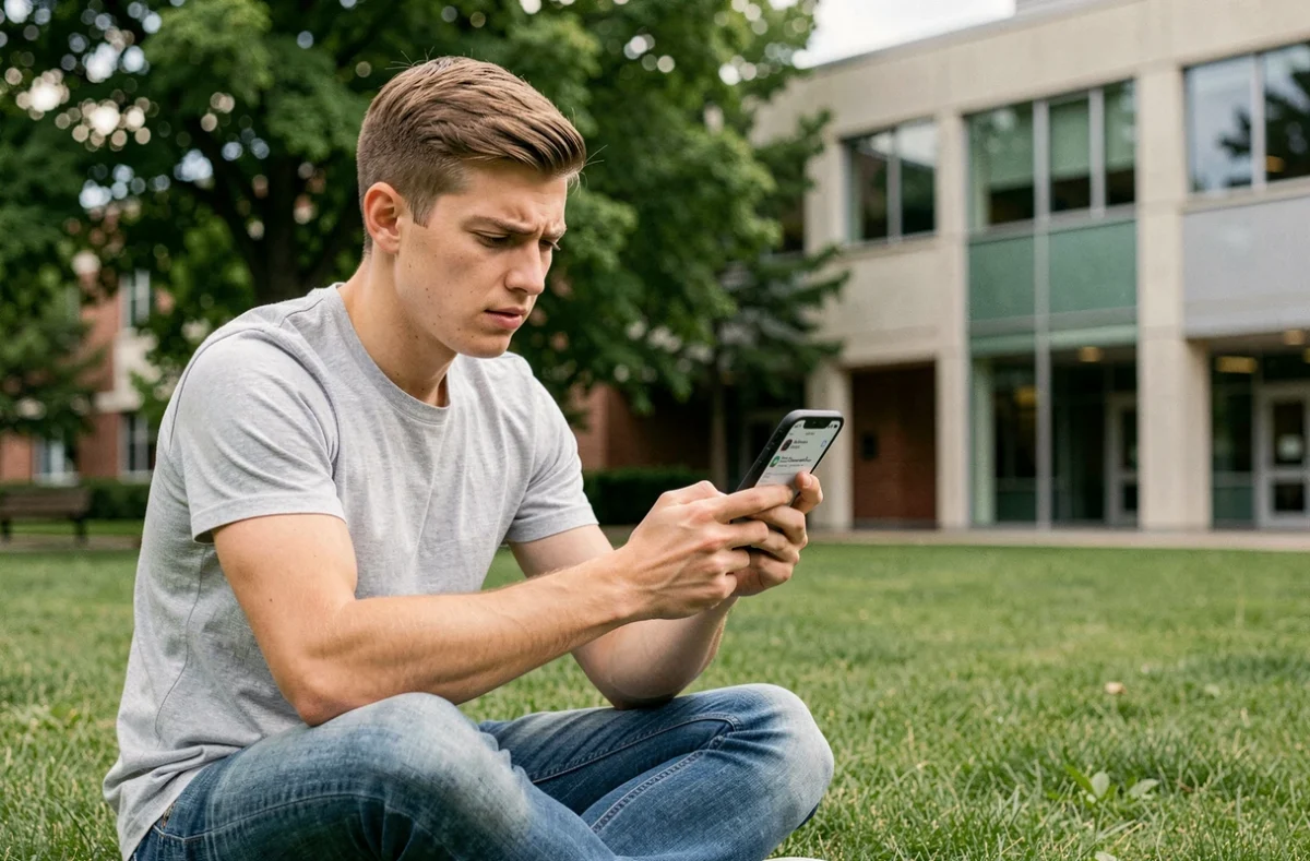 Étudiant utilisant la messagerie Nice sur iPhone iOS assis sur le campus universitaire en plein air