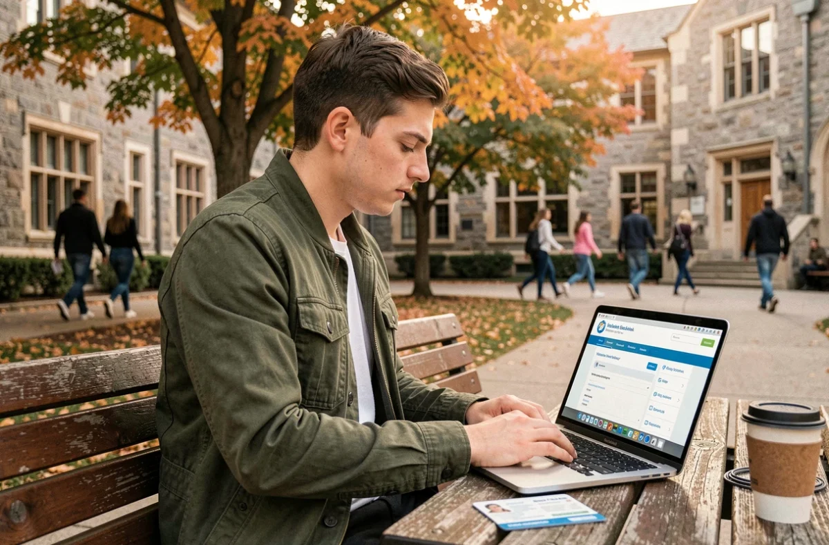 Étudiant consultant le support informatique de l'université sur son ordinateur portable en plein campus