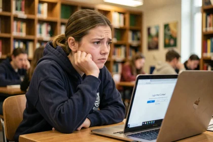 Étudiante face à un message d'erreur de connexion sur son webmail universitaire en bibliothèque