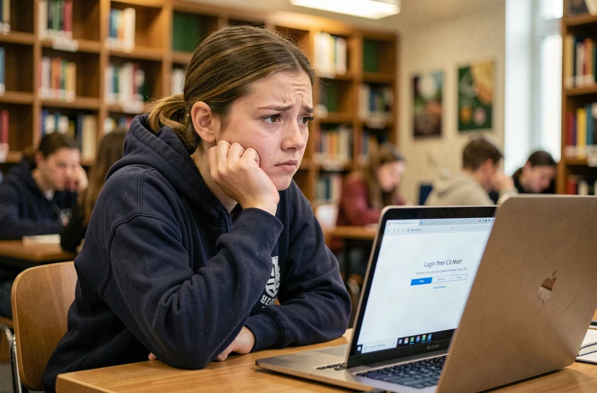 Étudiante face à un message d'erreur de connexion sur son webmail universitaire en bibliothèque