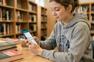 Étudiante consultant la messagerie universitaire Nice sur son smartphone Android dans une bibliothèque